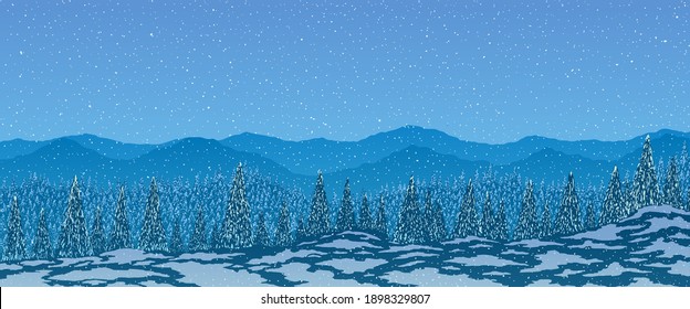 Panorama de invierno abstracto vectorial. Montañas arbolando contra el fondo azul de la caída de la nieve.