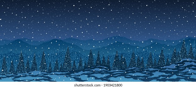 Vector abstract winter panorama landscape. Mountains trees forest at night against falling snow.
