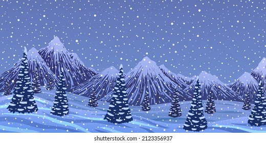 Vector abstract winter panorama landscape. Mountains trees forest against blue background of falling snow.