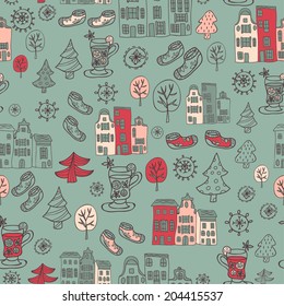 Vector abstract winter seamless pattern. Winter city. Winter holidays city.