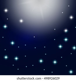 Vector abstract winter sun with lens flare and snow. Snowy white flash light effect in sky.