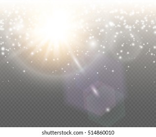 Vector abstract winter warm sun or star dust with lens flare and transparent snow. Sparkling golden flash light effect in sky, holiday christmas spark background