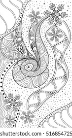 Vector abstract winter zentangle. Black and white doodle with snowflakes. Coloring page for adult and kids