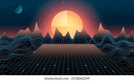 Vektor. Abstrakte Drahtgitterrelieflandschaft. Hellorange Sonne, die über Berge aufgeht. Mond und abstrakte 3D-Planeten. Stil der 80er.