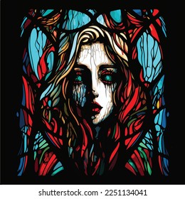 Vector of abstract woman with red hair, stained glass style