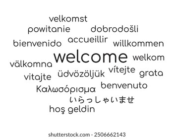 Vector abstract word cloud made up of different languages, the dominant word is the English "welcome" surrounded by its translations into other languages.