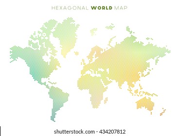 Vector abstract world map made of small colourful hexagons, green and yellow