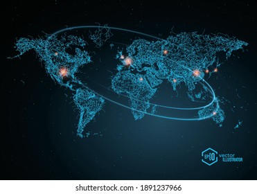 Vector abstract world map with orbital swirl