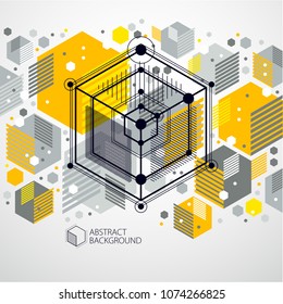 Vector abstract yellow background created in isometric mesh lines style. Mechanical scheme, vector engineering drawing with cube and mechanism parts. Perfect background for your design projects