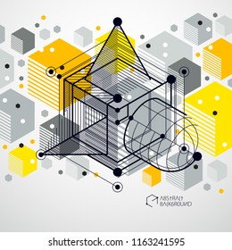 Vector abstract yellow background created in isometric mesh lines style. Mechanical scheme, vector engineering drawing with cube and mechanism parts. Perfect background for your design projects