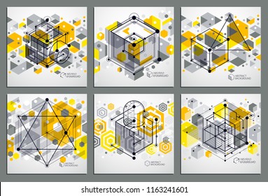 Vector abstract yellow backgrounds set created in isometric mesh lines style. Mechanical scheme, vector engineering drawing with cube and mechanism parts. Perfect background for your designs