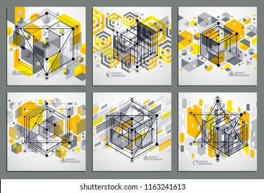 Vector abstract yellow backgrounds set created in isometric mesh lines style. Mechanical scheme, vector engineering drawing with cube and mechanism parts. Perfect background for your designs