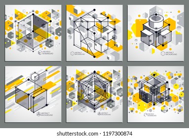 Vector abstract yellow backgrounds set created in isometric mesh lines style. Mechanical scheme, vector engineering drawing with cube and mechanism parts. Perfect background for your designs