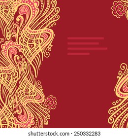 Vector abstract yellow invitation card with abstract wave on a dark red background. Lace ornament. Template wavy frame design for card.