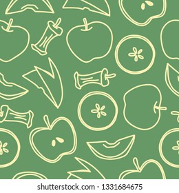 Vector Abstract Yellow Line Art Apples in Green Background Color Seamless Pattern 