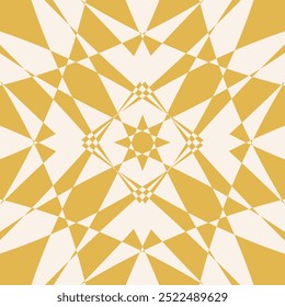 Vector abstract yellow and white geometric seamless pattern. Stylish geometrical texture. Simple background with edgy shapes, kaleidoscope, stars, triangles. Repeated design for decor, textile, print