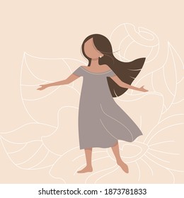 Vector abstract young woman with a long hair. A nice barefoot girl in a dress with open hands.