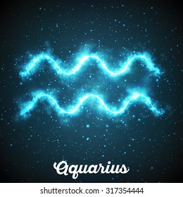 Vector abstract zodiac sign Aquarius on a dark blue background of the space with shining stars. Nebula in form of Aquarius sign. Glowing zodiac sign Aquarius, The Water-Bearer (greek:Hydrokhoos)