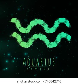 Vector abstract zodiac sign Aquarius on a dark cosmic background of the space with shining stars. Nebula in form of zodiac sign Aquarius . Abstract brush stroke sign. Bright modern symbol. Logo