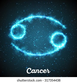 Vector abstract zodiac sign Cancer on a dark blue background of the space with shining stars. Nebula in form of zodiac sign Cancer. Abstract glowing zodiac sign Cancer, The Crab (greek:Karkinos)