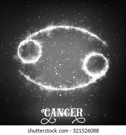 Vector abstract zodiac sign Cancer on a dark background of the space with shining stars. Nebula in form of zodiac sign Cancer. Abstract glowing zodiac sign Cancer, The Crab (greek:Karkinos)