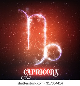 Vector abstract zodiac sign Capricorn on a dark red background of the space with shining stars. Nebula in form of Capricorn. Glowing sign Capricorn, "Goat-horned" (The Sea-Goat) (greek:Aigoker?s)