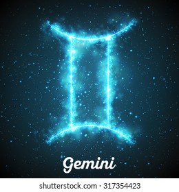 Vector abstract zodiac sign Gemini on a dark blue background of the space with shining stars. Nebula in form of zodiac sign Gemini. Abstract glowing zodiac sign Gemini, The Twins (greek:Didymoi)