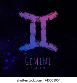 Vector abstract zodiac sign Gemini on a dark cosmic background of the space with shining stars. Nebula in form of zodiac sign Gemini . Abstract brush stroke sign. Bright modern gradient symbol. Logo