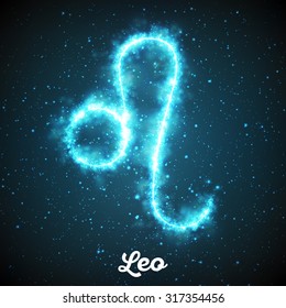 Vector abstract zodiac sign Leo on a dark blue background of the space with shining stars. Nebula in form of zodiac sign Leo. Abstract glowing zodiac sign Leo, The Lion (greek:Le?n)