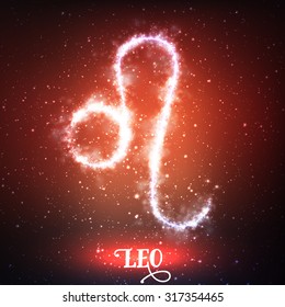 Vector abstract zodiac sign Leo on a dark red background of the space with shining stars. Nebula in form of zodiac sign Leo. Abstract glowing zodiac sign Leo, The Lion (greek:Le?n)