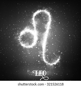 Vector abstract zodiac sign Leo on a dark background of the space with shining stars. Nebula in form of zodiac sign Leo. Abstract glowing zodiac sign Leo, The Lion (greek:Le?n)