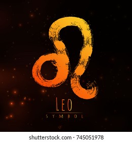 Vector abstract zodiac sign Leo on a dark cosmic background of the space with shining stars. Nebula in form of zodiac sign Leo . Abstract brush stroke sign. Bright modern gradient symbol. Logo
