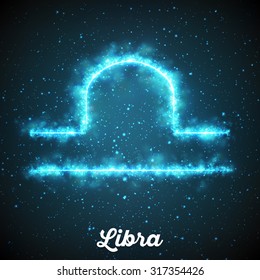 Vector abstract zodiac sign Libra on a dark blue background of the space with shining stars. Nebula in form of zodiac sign Libra. Abstract glowing zodiac sign Libra, The Scales (greek: Zygos)