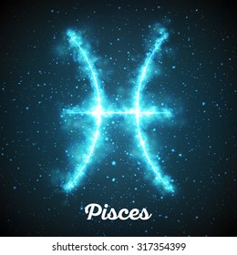 Vector abstract zodiac sign Pisces on a dark blue background of the space with shining stars. Nebula in form of zodiac sign Pisces. Abstract glowing zodiac sign Pisces, The Fish (Greek: Ikhthyes). 