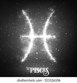 Vector abstract zodiac sign Pisces on a dark background of the space with shining stars. Nebula in form of zodiac sign Pisces. Abstract glowing zodiac sign Pisces, The Fish (Greek: Ikhthyes). 