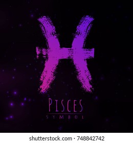 Vector abstract zodiac sign Pisces on a dark cosmic background of the space with shining stars. Nebula in form of zodiac sign Pisces . Abstract brush stroke sign. Bright modern gradient symbol. Logo