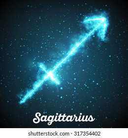 Vector abstract zodiac sign Sagittarius on a dark blue background of the space with shining stars. Nebula in form of Sagittarius. Glowing zodiac sign Sagittarius, The (Centaur) Archer (Greek: Toxot?s)