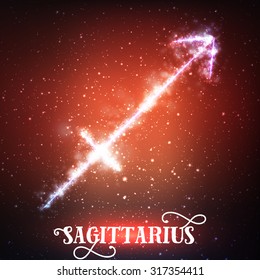 Vector abstract zodiac sign Sagittarius on a dark red background of the space with shining stars. Nebula in form of Sagittarius. Glowing zodiac sign Sagittarius, The (Centaur) Archer (Greek: Toxot?s)