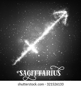 Vector abstract zodiac sign Sagittarius on a dark background of the space with shining stars. Nebula in form of Sagittarius. Glowing zodiac sign Sagittarius, The (Centaur) Archer (Greek: Toxot?s)