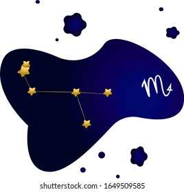Vector abstract zodiac sign Scorpio on a dark blue background of the space with shining stars. Shining stars in the night sky. Vector illustration with constellations and hand-drawn astronomical symbo