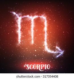 Vector abstract zodiac sign Scorpio on a dark red background of the space with shining stars. Nebula in form of zodiac sign Scorpio. Glowing zodiac sign Scorpio, The Scorpion (Greek: Skorpios)
