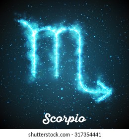 Vector abstract zodiac sign Scorpio on a dark blue background of the space with shining stars. Nebula in form of zodiac sign Scorpio. Glowing zodiac sign Scorpio, The Scorpion (Greek: Skorpios)