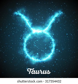 Vector abstract zodiac sign Taurus on a dark blue background of the space with shining stars. Nebula in form of zodiac sign Taurus. Abstract glowing zodiac sign Taurus, The Bull (Greek: Tavros) 