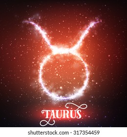 Vector abstract zodiac sign Taurus on a dark red background of the space with shining stars. Nebula in form of zodiac sign Taurus. Abstract glowing zodiac sign Taurus, The Bull (Greek: Tavros) 