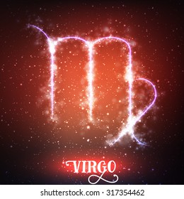 Vector abstract zodiac sign Virgo on a dark red background of the space with shining stars. Nebula in form of zodiac sign Virgo. Abstract glowing zodiac sign Virgo, The Maiden (Greek: Parthenos). 