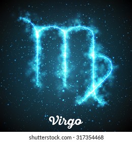Vector abstract zodiac sign Virgo on a dark blue background of the space with shining stars. Nebula in form of zodiac sign Virgo. Abstract glowing zodiac sign Virgo, The Maiden (Greek: Parthenos). 
