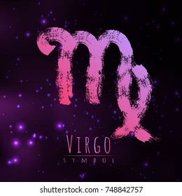 Vector abstract zodiac sign Virgo on a dark cosmic background of the space with shining stars. Nebula in form of zodiac sign Virgo . Abstract brush stroke sign. Bright modern gradient symbol. Logo