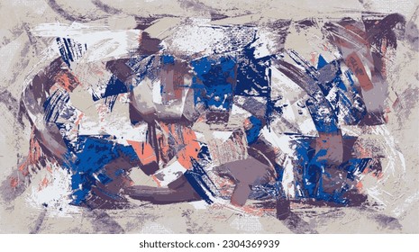 Vektorgrafik-Abstraktion chaotische Farbstriche auf Leinwand. Abstrakte Malerei, blau-beige strukturierte Muster, grundiger künstlerischer Hintergrund