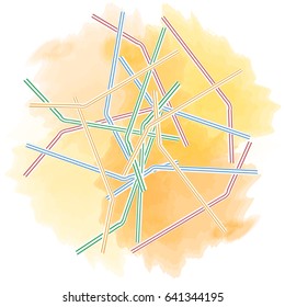 the vector abstraction of cocktail straws. the background is a blur of orange juice. watercolor painting