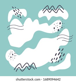 Vector abstraction. Colorful flat illustration. Concept for poster, template, pattern, invitation, greeting card. Copy space, free place for your text. Doodling elements isolated on blue backdrop.